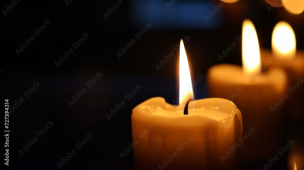 Candles aflame against a dark backdrop,