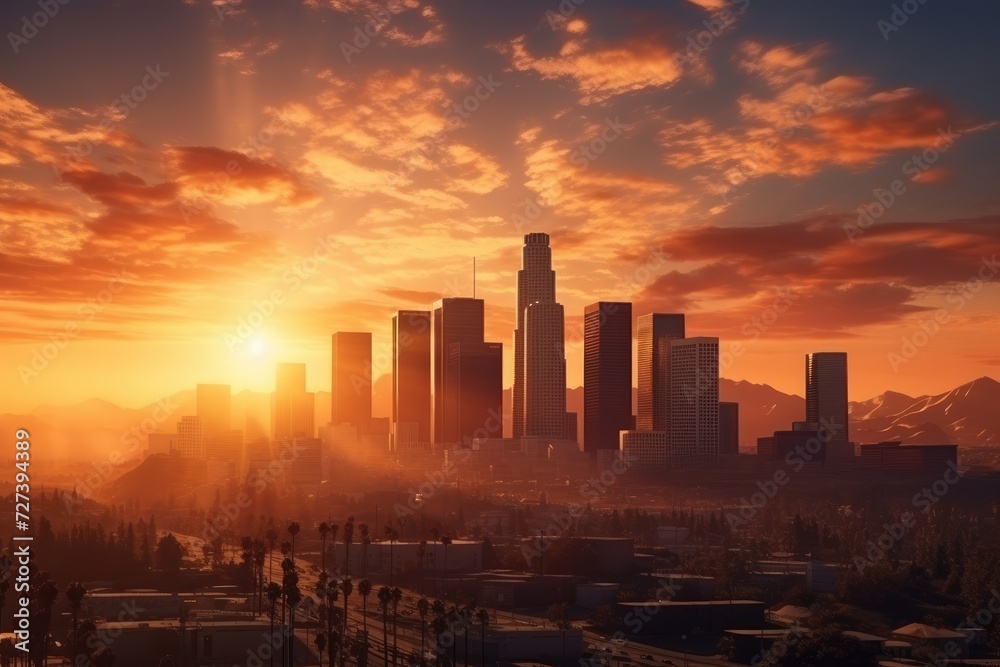 Cityscape at Sunset, Majestic Sun Sets Over Urban Skyline With Towering Buildings, The skyline of Los Angeles at sunrise in California, USA, is presented as a 3D rendering, AI Generated