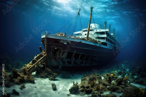 A serene view of a colossal boat resting on the sandy ocean floor, Titanic shipwreck lying silently on the ocean floor, showcasing the immense scale of the fragmented structure, AI Generated