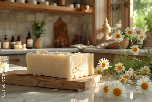 An elegant display of artisanal cheese, surrounded by delicate blooms, highlights the beauty of traditional cheesemaking and the harmonious blend of dairy and nature