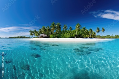 This photo captures the tranquility of an island nestled in the middle of the expansive ocean  Tropical island scene in the Maldives during the summer  Panorama  AI Generated