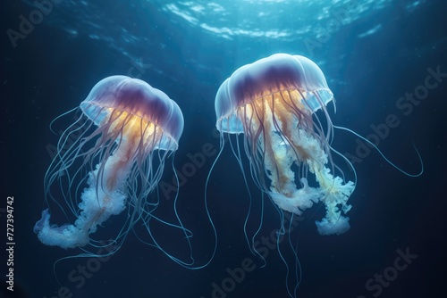 A mesmerizing sight of a couple of jellyfish gracefully floating in the ocean, Two jellyfish swimming in the water, 3D rendering, AI Generated © Iftikhar alam