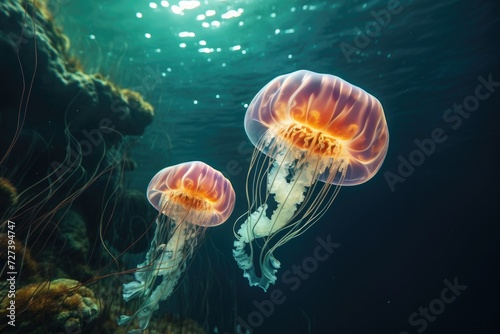 This captivating photo showcases a couple of jellyfish gracefully swimming amidst the vast expanse of the ocean, Two jellyfish swimming in the water, 3D rendering, AI Generated