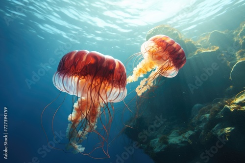 A pair of jellyfish gracefully gliding through the clear blue ocean, their translucent bodies catching the light, Two jellyfish swimming in the water, 3D rendering, AI Generated