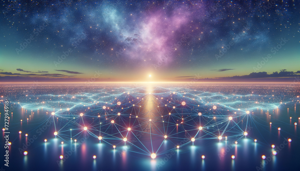 Obraz premium Neural Network Symphony: A Serene Tapestry of Glowing Orbs and Delicate Strands