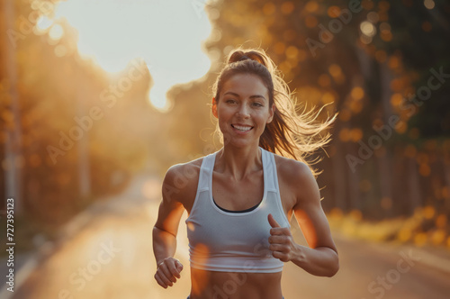 A cheerful young woman in sportswear jogging on a sunny evening, expressing fitness and happiness. photo