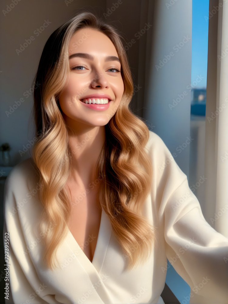 Woman with long blonde hair is smiling and looking out of window.