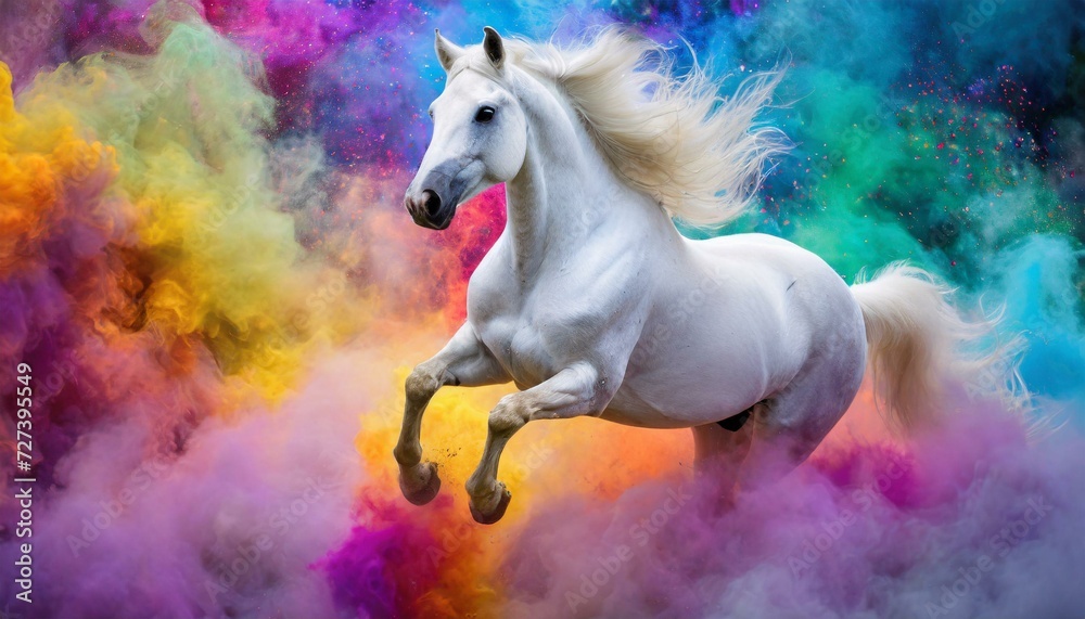 white horse jumping through red, yellow brightly colored smoke