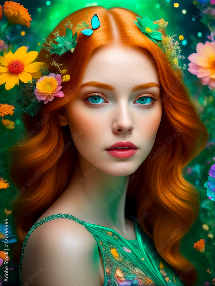 Painting of woman with red hair and flowers in her hair, wearing green dress. Painting of woman with red hair and flowers in her hair, wearing green dress.