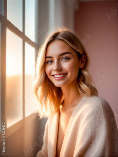 Woman is looking out of window and smiling at the camera with smile on her face. Free Download Woman is looking out of window and smiling at the camera with smile on her face. - GFXLoad