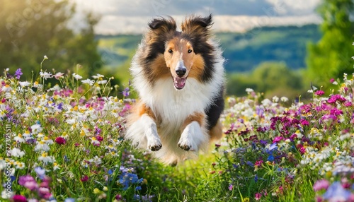collie running through summer field of flowers