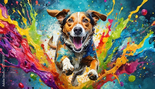 dog portrait of brown black dog running through paint splashes photo