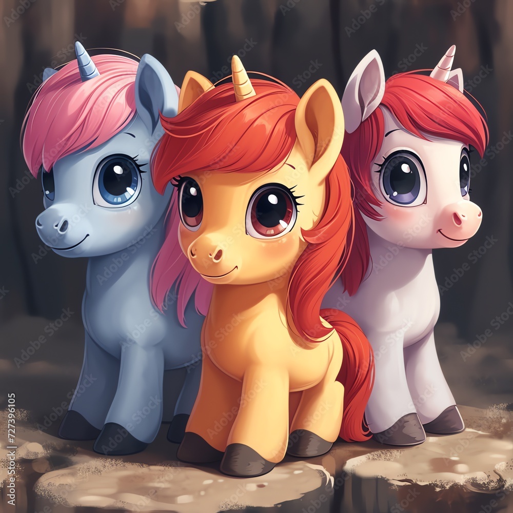 Trio of Cute Cartoon Unicorns