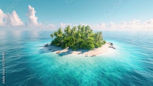 A small island in the northeast, surrounded by turquoise blue water and white sand beaches