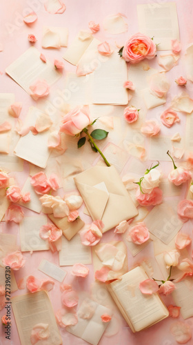 Delicate composition of soft pink petals, rose blossoms scattered gracefully across collection of open blank pages, envelopes on a pastel background, suggesting gentle romantic or poetic reflections.