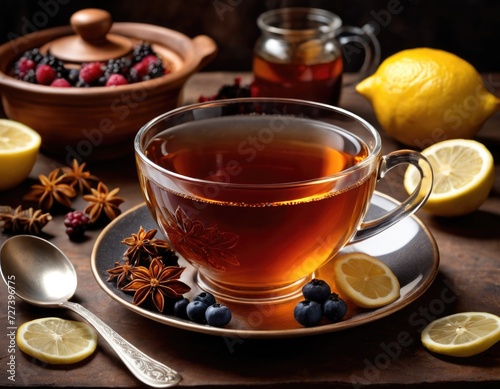 Hot black herbal tea still life with lemon, berries, spices and saucer with metal tea spoon and jam or honey on a table