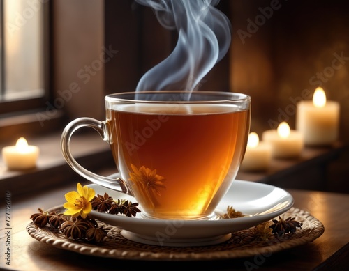 Hot steaming black herbal transparent cup of tea with spices, yellow flower and candles near the window on white saucer