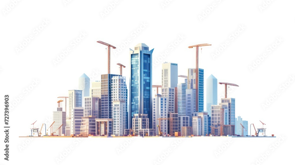 illustration of a construction site for skyscrapers, featuring the evolution of high-rise office and urban buildings. White background isolation illustration of a construction site for skyscrapers, featuring the evolution of high-rise office and urban buildings. White background isolation