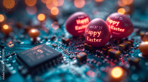 Technological Easter: Easter Eggs with Easter Greetings and Printed Circuit Boards, Symbol of Progress and Technological Future. photo