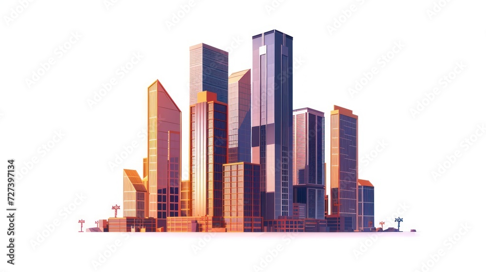 Simple illustration depicting the construction site of skyscrapers, showcasing the development of high-rise office and urban buildings, isolated on a white background