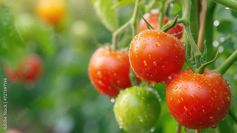 Ripe red tomatoes with glistening water droplets on the vine, representing freshness and organic gardening.