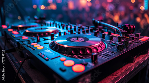 A dynamic DJ setup with turntables and mixers, illustrating the essence of electronic dance music.