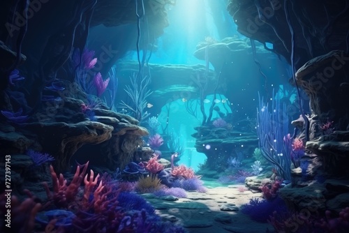 Experience the beauty of an underwater environment teeming with life  featuring stunning corals and vibrant plants  Underwater world depicted in a fantasy landscape  3D rendering  AI Generated