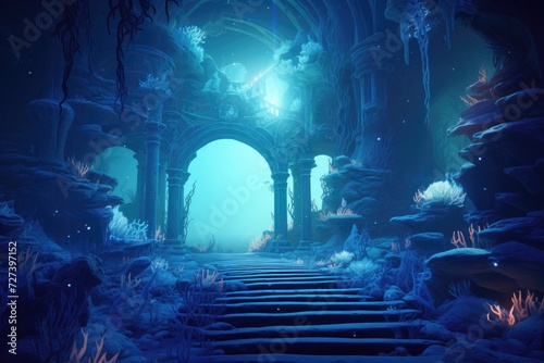 A staircase that ascends to a tunnel, providing a pathway for travelers to navigate between levels with ease, Underwater world depicted in a fantasy landscape, 3D rendering, AI Generated