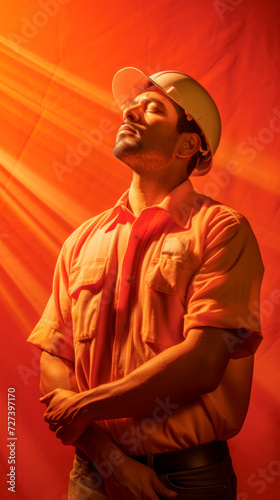 A rugged laborer wearing a hard hat and orange shirt against a smoky, rich red background. Endurance. The harsh working conditions. Staff motivation. Construction of buildings and structures