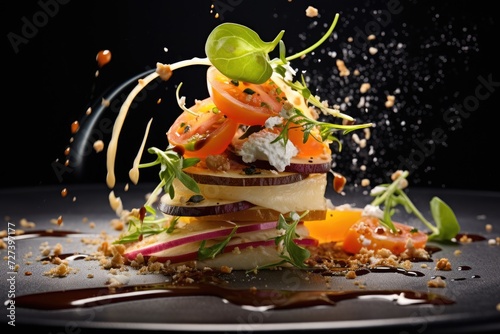 Stack of Food on Black Plate, Appetizing Meal Display, Unveil the culinary artistry with macro food photography, capturing mouth-watering details and inviting appreciation, AI Generated photo