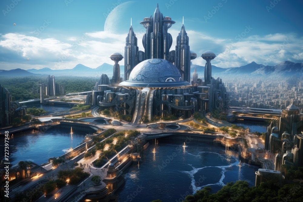 A city of the future nestled amidst serene waters and majestic mountains, Utopian civilization, utopic city, the future of humanity, architecture of tomorrow, utopic world, AI Generated