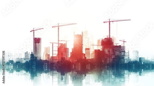 Simple illustration depicting the construction site of skyscrapers  showcasing the development of high-rise office and urban buildings  isolated on a white background