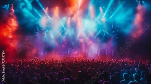 A concert stage with pulsating lights and a sea of ecstatic fans, capturing live music's energy.
