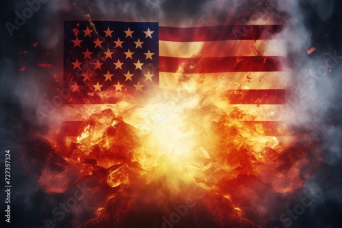 An American flag engulfed in flames, emitting smoke in a powerful and dramatic scene, USA vs China flag on fire, AI Generated