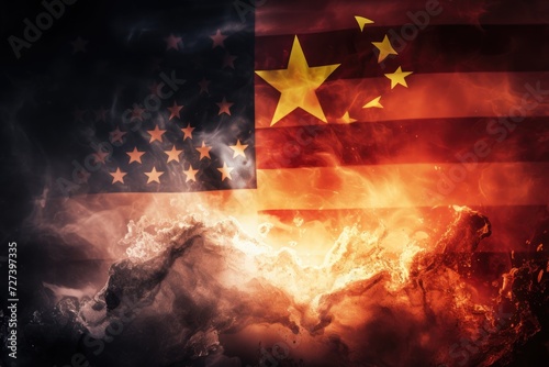 Two national flags, the American and Chinese, engulfed in flames symbolizing destruction and conflict, USA vs China flag on fire, with fire separating the two flags, AI Generated © Iftikhar alam