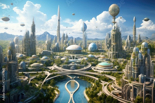 Impressive Vision of a Modern Metropolis Filled With Towering Skyscrapers, Utopian civilization, utopic city, the future of humanity, architecture of tomorrow, utopic world, AI Generated
