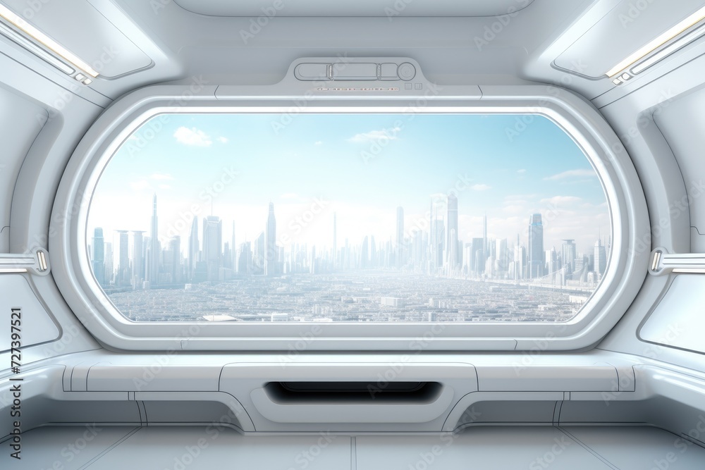 A Clear Window Provides a Beautiful View of the Bustling Cityscape Outside, White spaceship interior showcasing a window view overlooking the city, 3D rendering, AI Generated