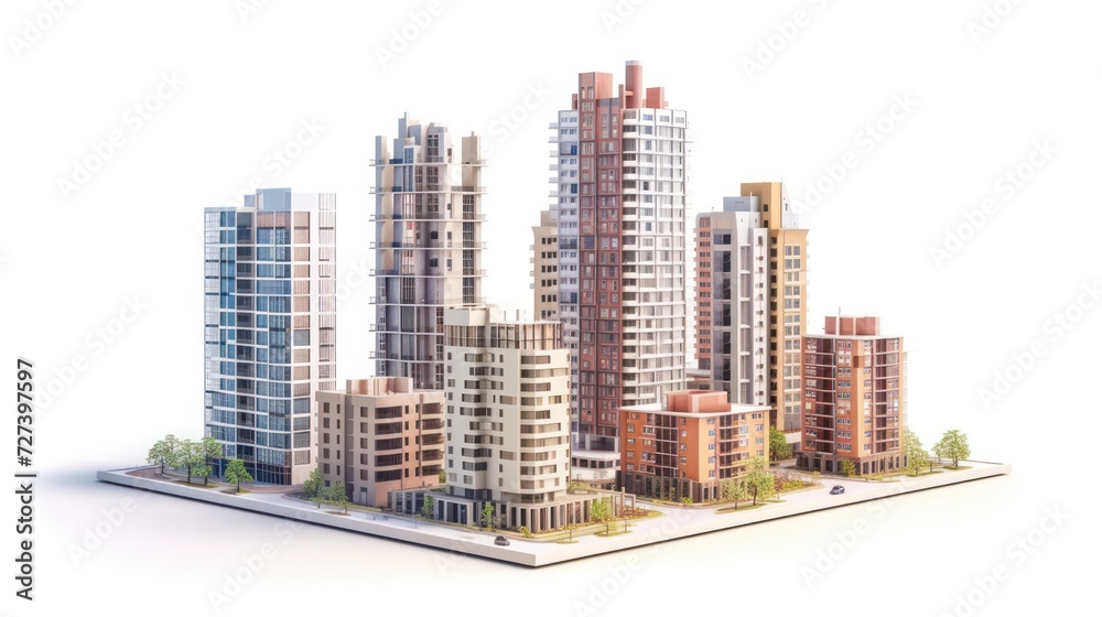 Illustration of a construction site with skyscrapers, highlighting the progress of high-rise office and urban buildings. White background isolation.
 - obrazy, fototapety, plakaty 
