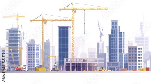 Simple illustration depicting the construction site of skyscrapers  showcasing the development of high-rise office and urban buildings  isolated on a white background