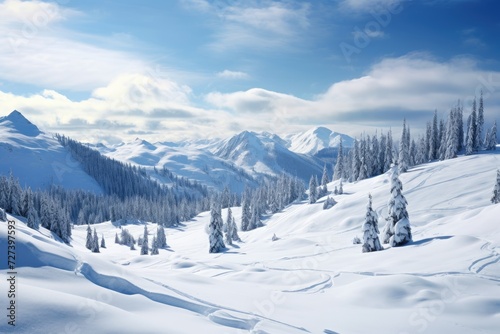 A breathtaking winter landscape where a snow-covered mountain stands tall, surrounded by lush trees in the foreground, Winter scene at a ski resort, AI Generated