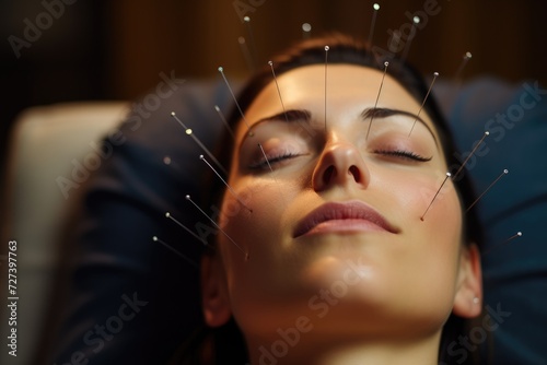 A woman calmly closes her eyes as needles rest on her head, embracing an alternative healing practice, Woman in an acupuncture therapy on head at salon, AI Generated