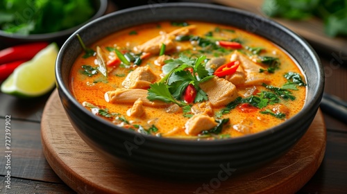 A bowl of Thai coconut curry soup, fragrant with lemongrass, coconut milk, and aromatic spices.