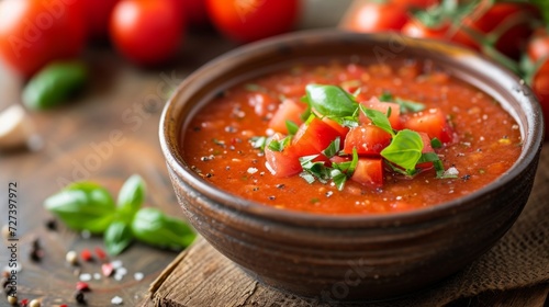 A bowl of vibrant gazpacho, a cold Spanish soup, bursting with the flavors of ripe tomatoes.