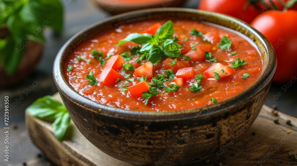 A bowl of vibrant gazpacho, a cold Spanish soup, bursting with the flavors of ripe tomatoes. A bowl of vibrant gazpacho, a cold Spanish soup, bursting with the flavors of ripe tomatoes.