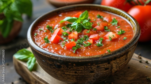 A bowl of vibrant gazpacho, a cold Spanish soup, bursting with the flavors of ripe tomatoes.