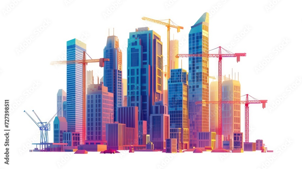 Simple illustration depicting a construction site for skyscrapers, showcasing the development of high-rise office and urban buildings. Isolated on a white background.