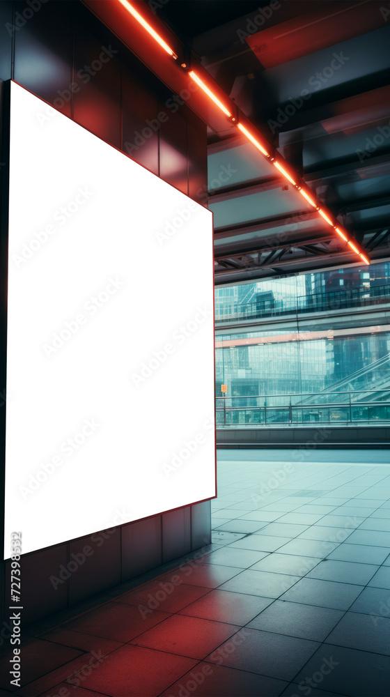 Mockup of glowing blank white billboard located in subway station, stands out against dark tiled wall against background of people in a motion blur. A place for the advertisement, a place for the text