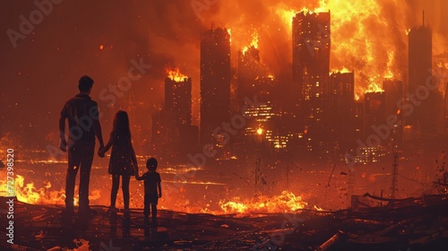 Family watching a burning city