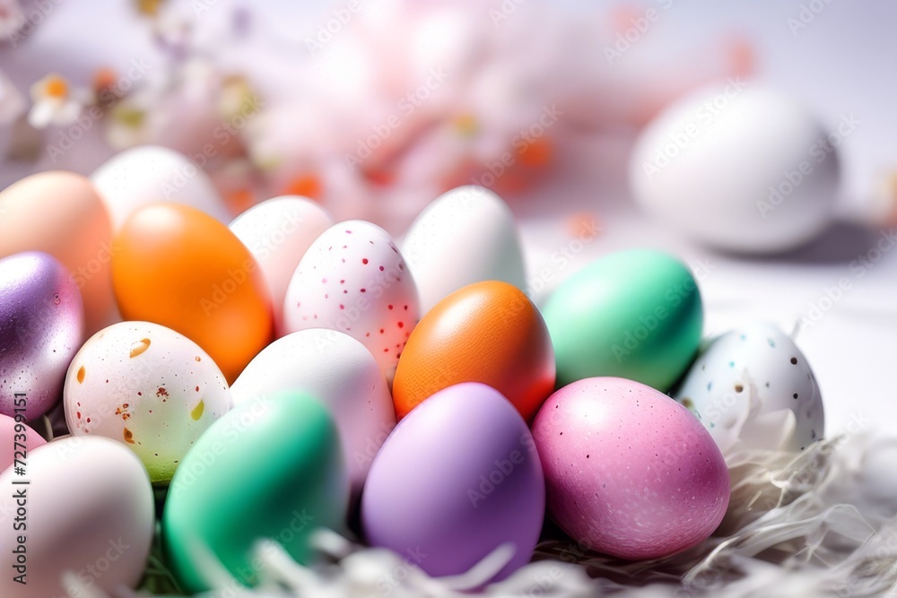 Composition with bright Easter eggs of purple, orange, green, yellow colors.
