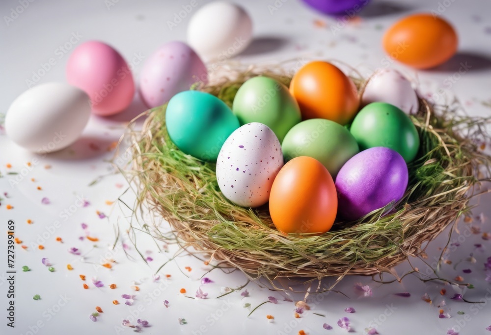 Composition with bright Easter eggs of purple, orange, green, yellow colors.